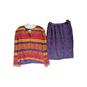 ADRIANNA PAPELL Vintage Women's Multicolor Silk Top/Acetate Skirt Set Sz 14